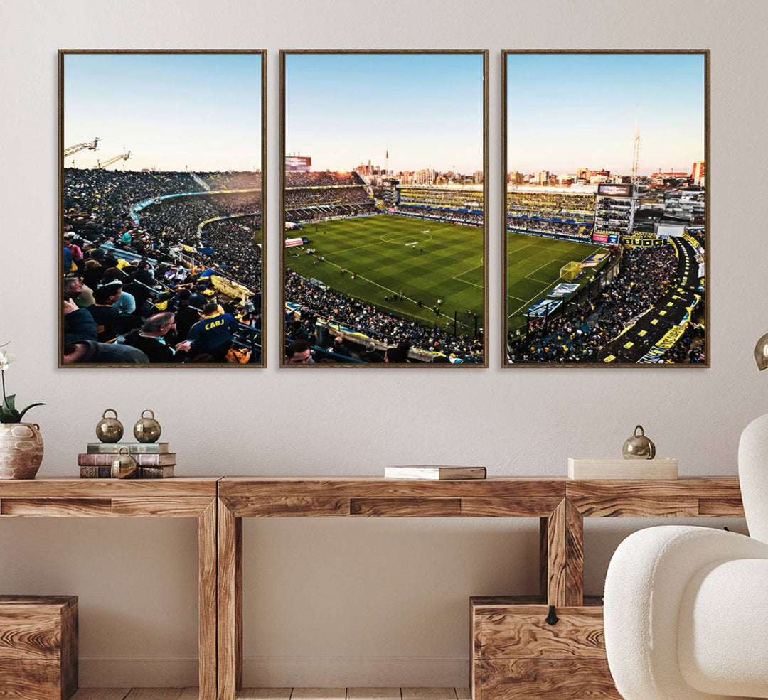 The wall art canvas print vividly captures the dynamic soccer culture at Bombonera Stadium with its vibrant depiction.