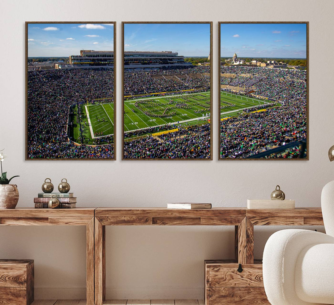 Aerial shot of packed stadium on green; Notre Dame Fighting Irish Stadium Wall Art Canvas Print.