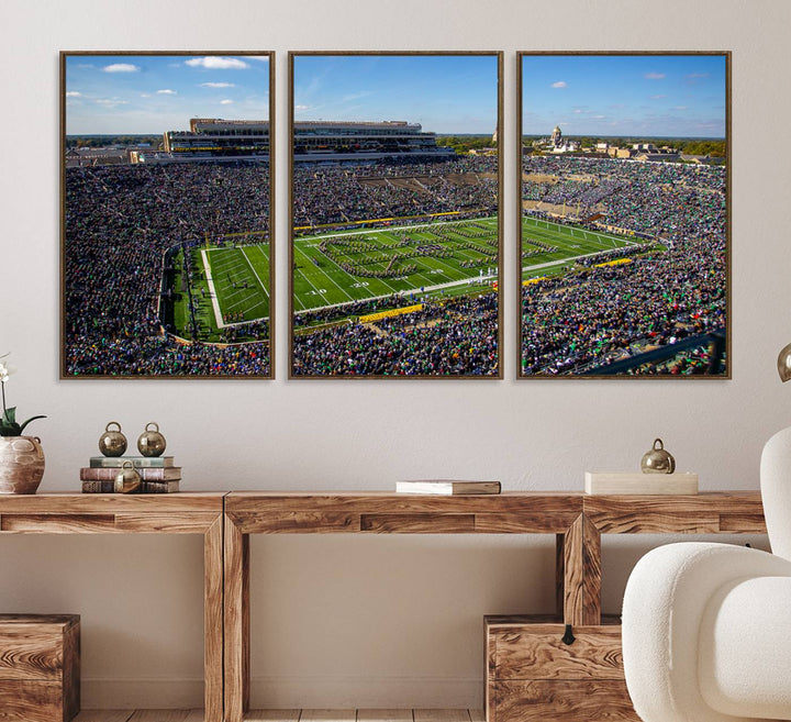 Aerial shot of packed stadium on green; Notre Dame Fighting Irish Stadium Wall Art Canvas Print.