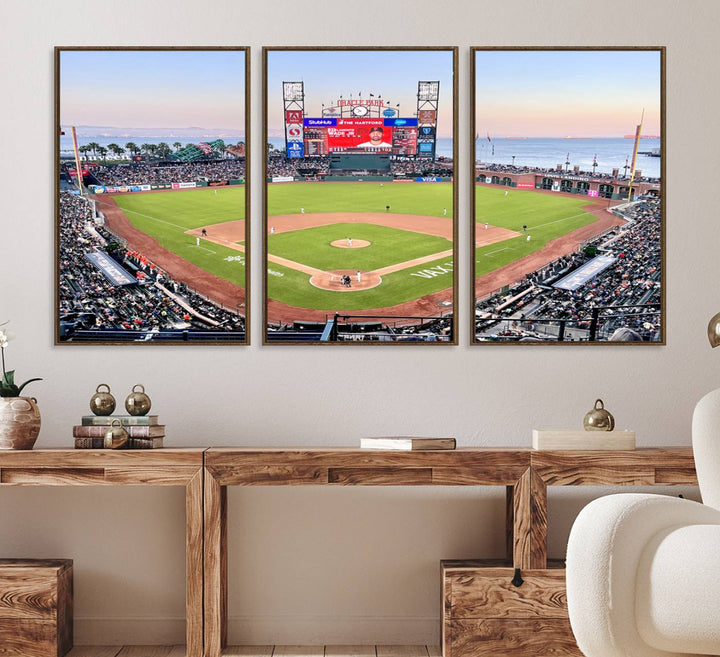 Gallery-quality canvas print of Oracle Park Stadium showcasing a waterfront view from behind home plate.