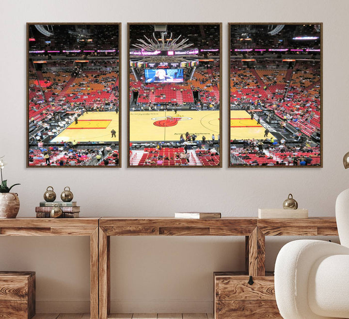 A Miami Heat Basketball Print showcases Kaseya Center Stadium Wall Art with a grand scoreboard.