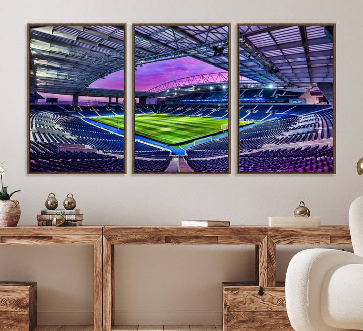 The FC Porto Soccer Team Dragon Stadium Wall Art Canvas Print decorates the room.