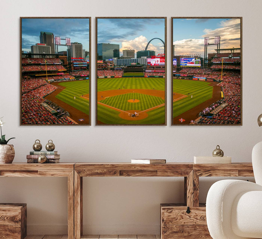 Canvas art of the St. Louis Cardinals Busch Stadium, capturing the citys skyline.