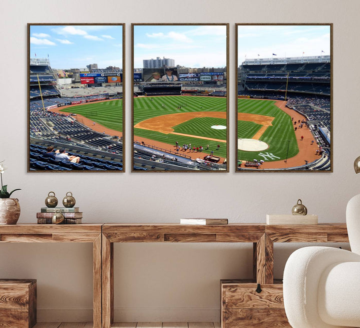 The living room features a Buffalo Bills Stadium wall art.