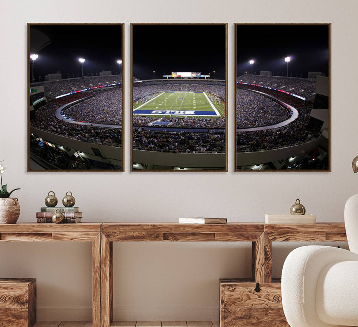 The Buffalo Bills NFL Highmark Stadium at night print captures the bright lights, conveying an exhilarating atmosphere.