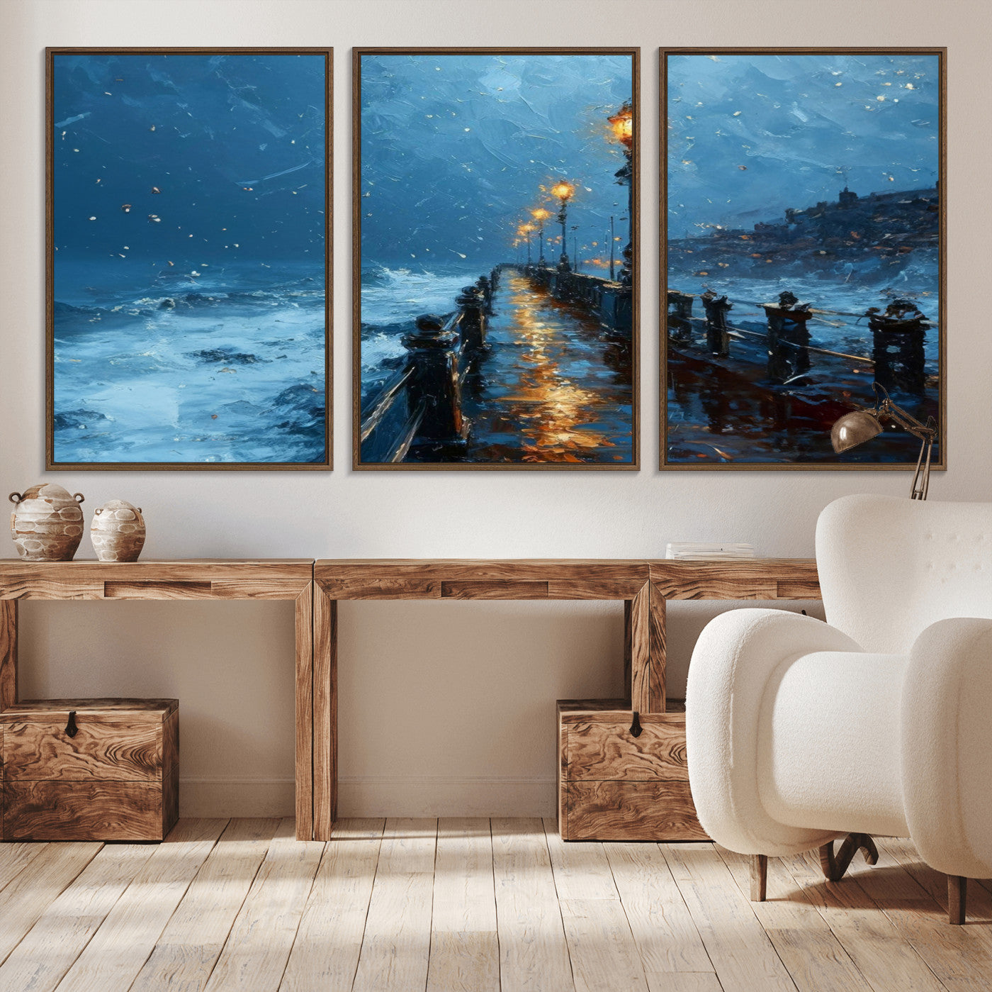 MGV-FC-60X30-3P - Stormy Night at Beach Pier Oil Painting Large Wall Art Print, Framed Canvas Nature Wall Decor,