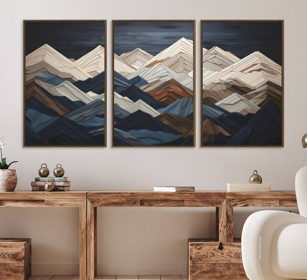 Abstract wood mountain range wall art in a 3-piece set featuring shades of blue, brown, and cream, ideal for modern rustic decor.