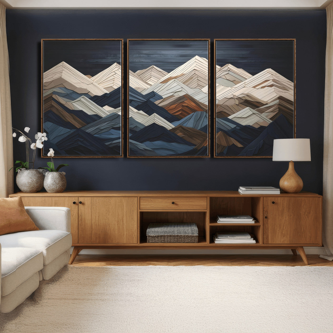 12896-MGV-CV-36X24 - Wood Mountain Range Wall Art - Ready to Hang 3-Piece Set for Modern Rustic Decor, Abstract Wooden