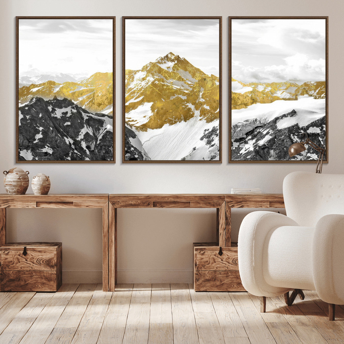 MGV-FC-60X30-3P - Gold Abstract Mountains Wall Art Print on Canvas, Nature Wall Art Print,