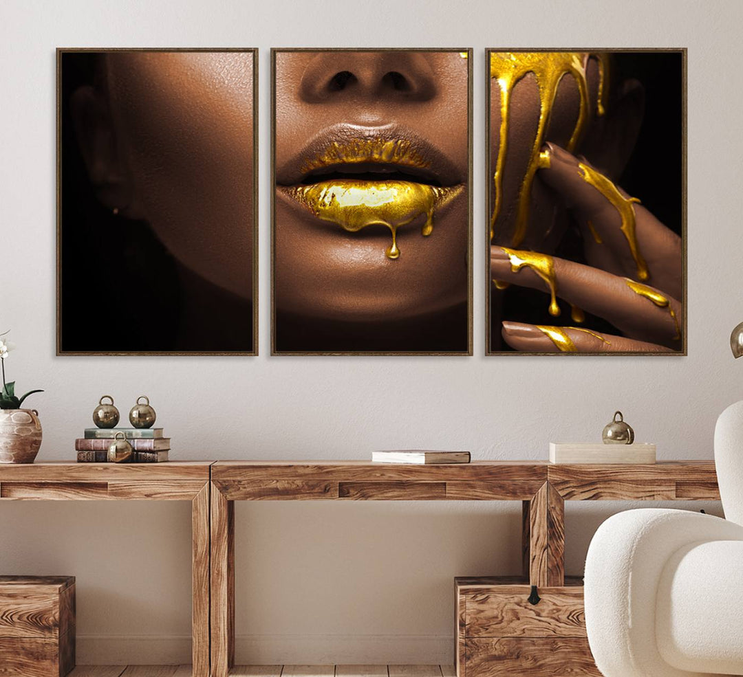 African American Art Canvas Print of a Black Woman with Gold Lips.