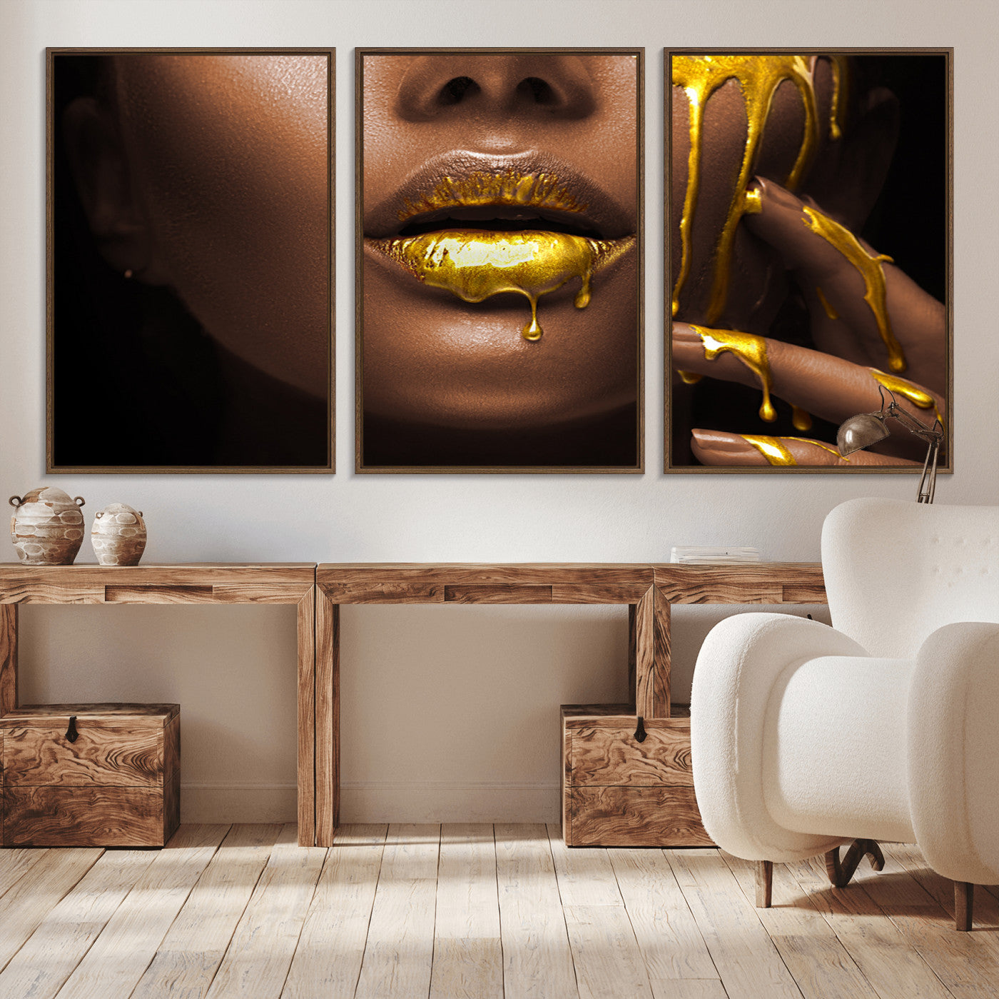 MGV-FC-60X30-3P - African American Art Black Woman Canvas Print, African Wall Art, Fashion African Woman Gold Lips