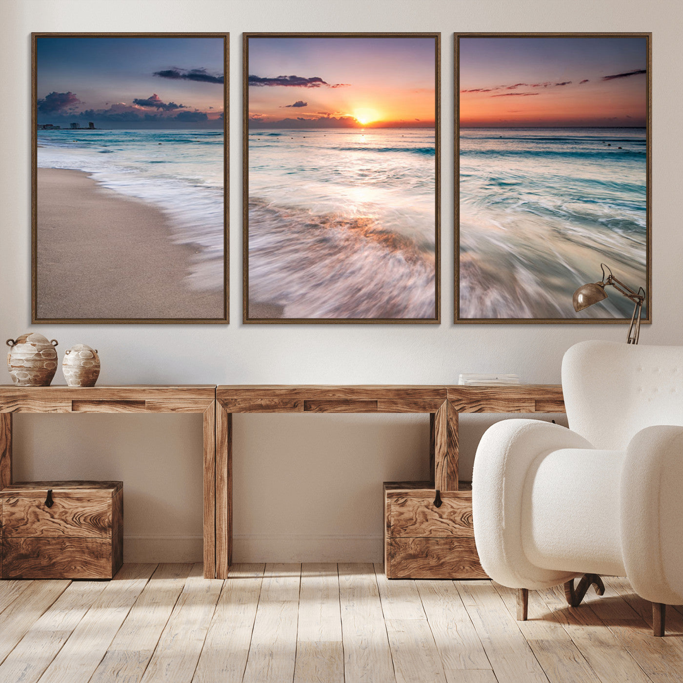MGV-FC-60X30-3P - Sunset Beach Wall Art – Soothing Coastal Landscape, Ready to Hang for Tranquil Home Decor