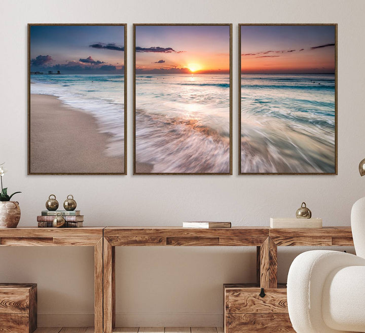 The Sunset Beach Wall Art adds tranquility to the living room.