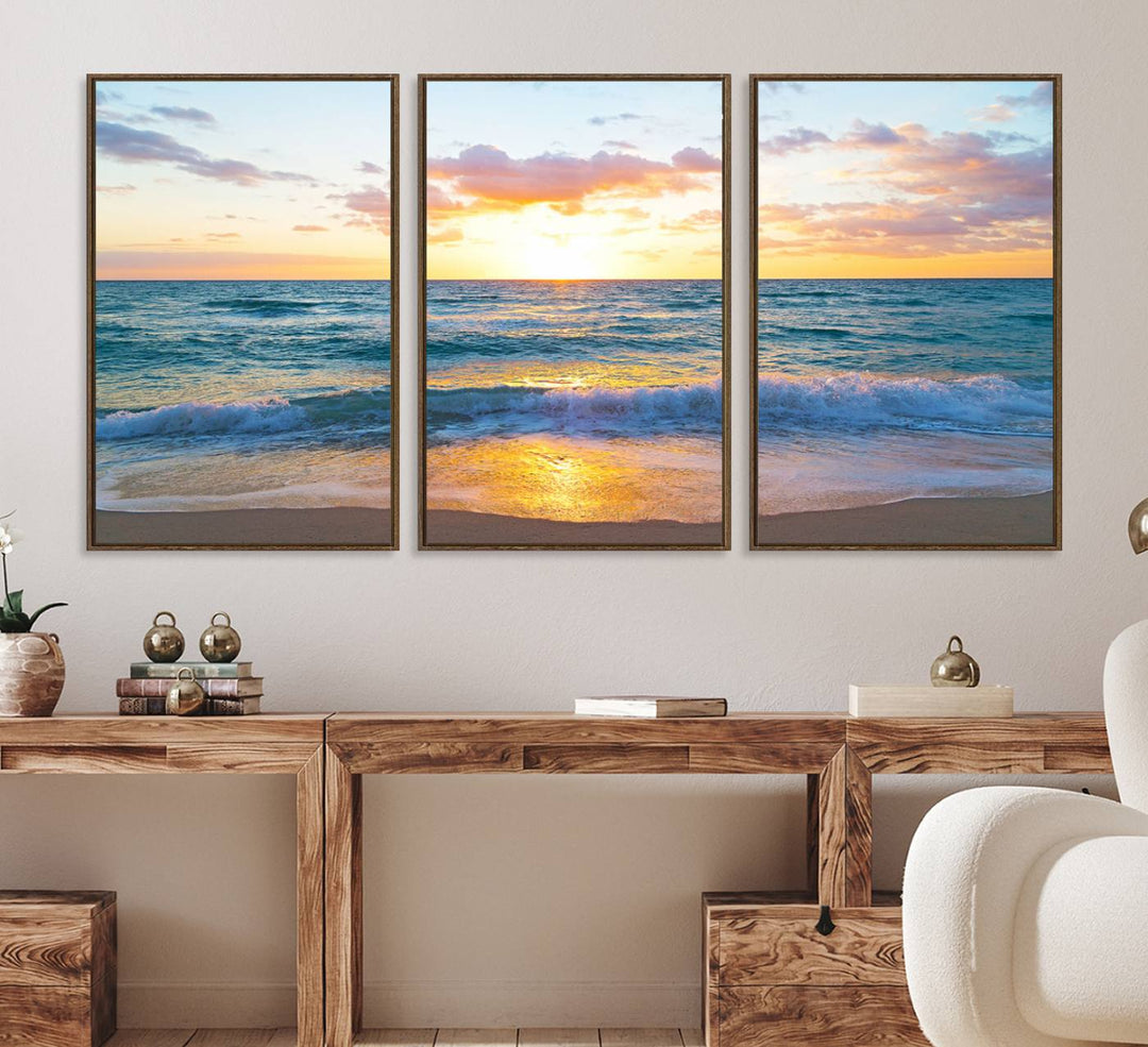 The Golden Sunset Over Ocean Waves painting depicts a vibrant sky.