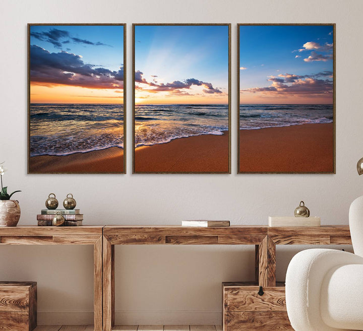 A Golden Hour Beach Sunset canvas hangs in the living room.