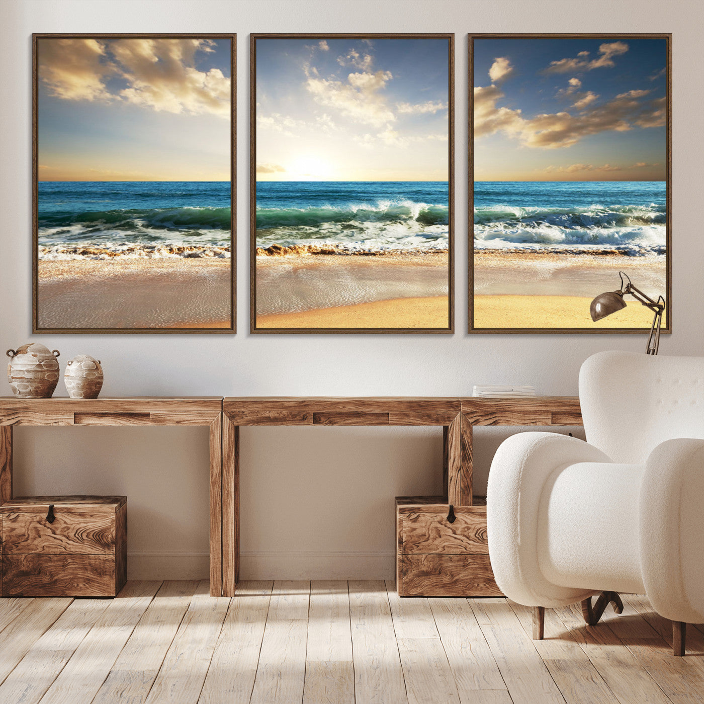 MGV-FC-60X30-3P - Golden Sunset Beach Triptych Canvas Wall Art for Living Room – 3-Panel Ocean View, Framed & Ready to