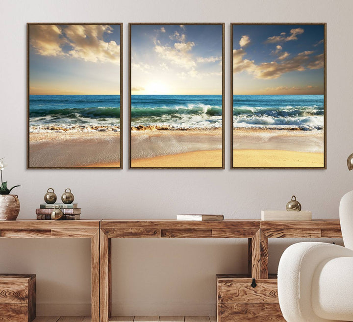 A Golden Sunset Beach triptych adorns the wall.