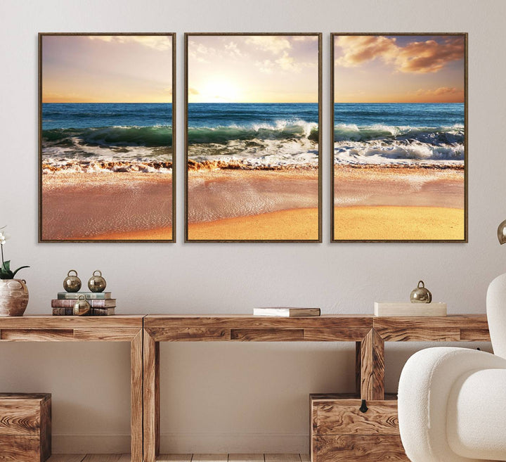 A Sunset Beach Wall Art hangs on the wall.