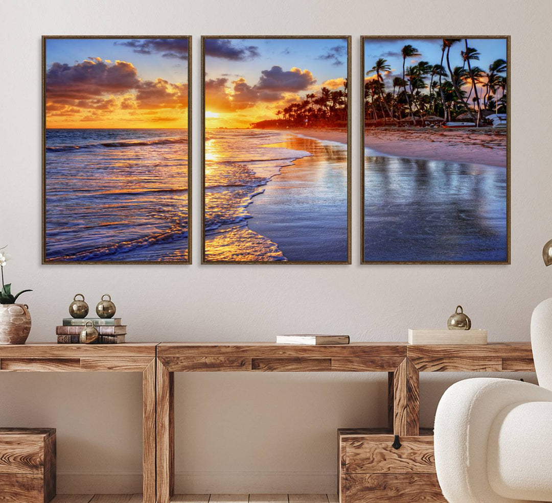 Serene Beach Sunset Wall Art Canvas featuring ocean waves hangs prominently.