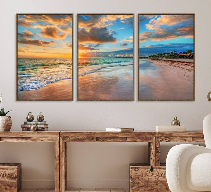 The Serene Beach Sunset Wall Art captures waves gently on the sandy shore.