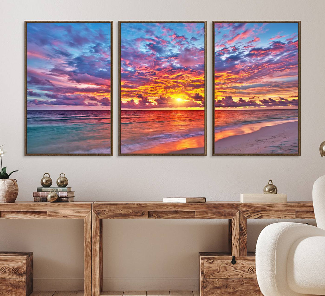 The Vibrant Sunset Beach Wall Art hangs prominently on the wall.