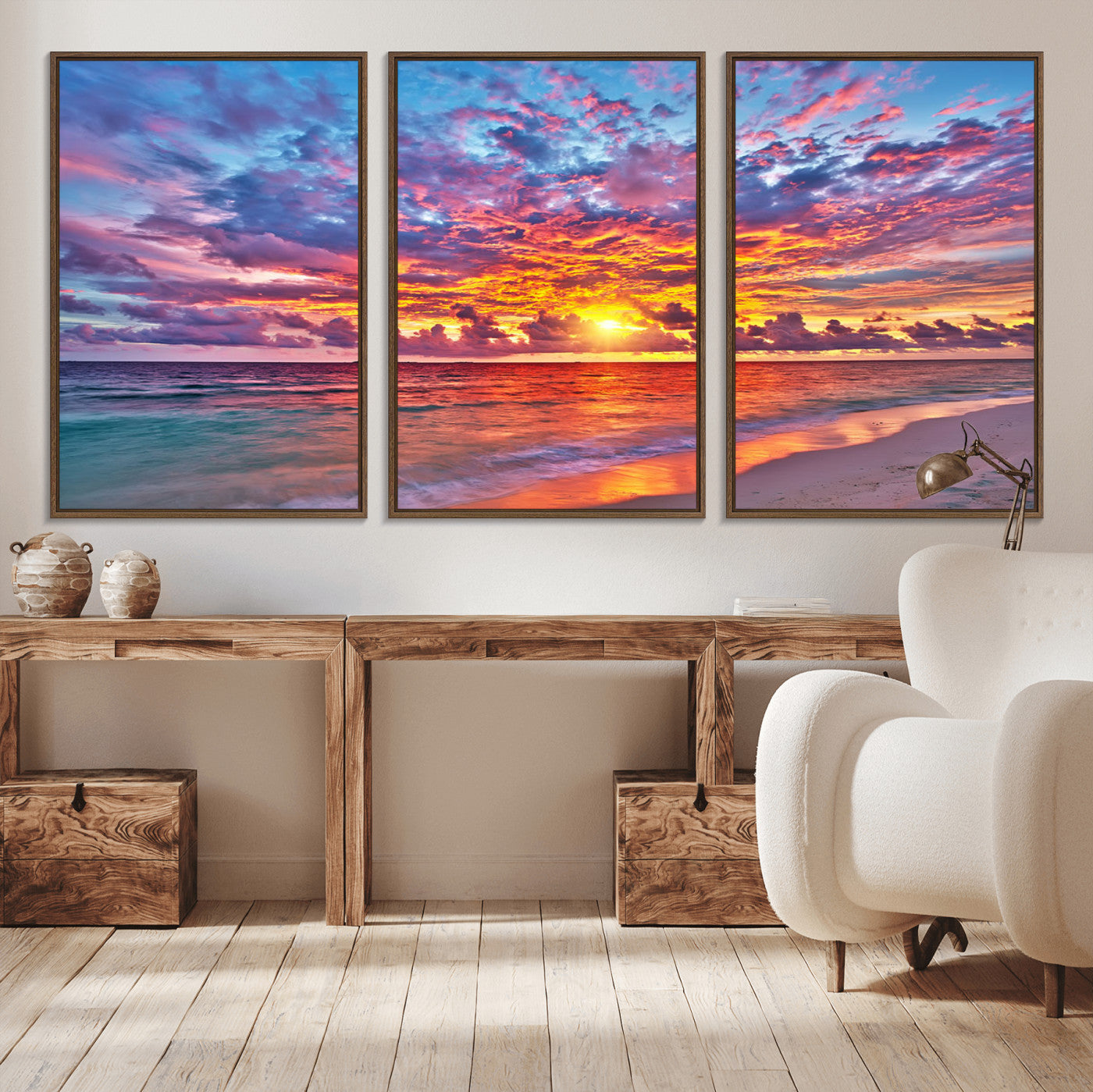 MGV-FC-60X30-3P - Vibrant Sunset Beach Wall Art - Ocean Sunset Canvas Print | Coastal Wall Art Decor Stunning Sunset