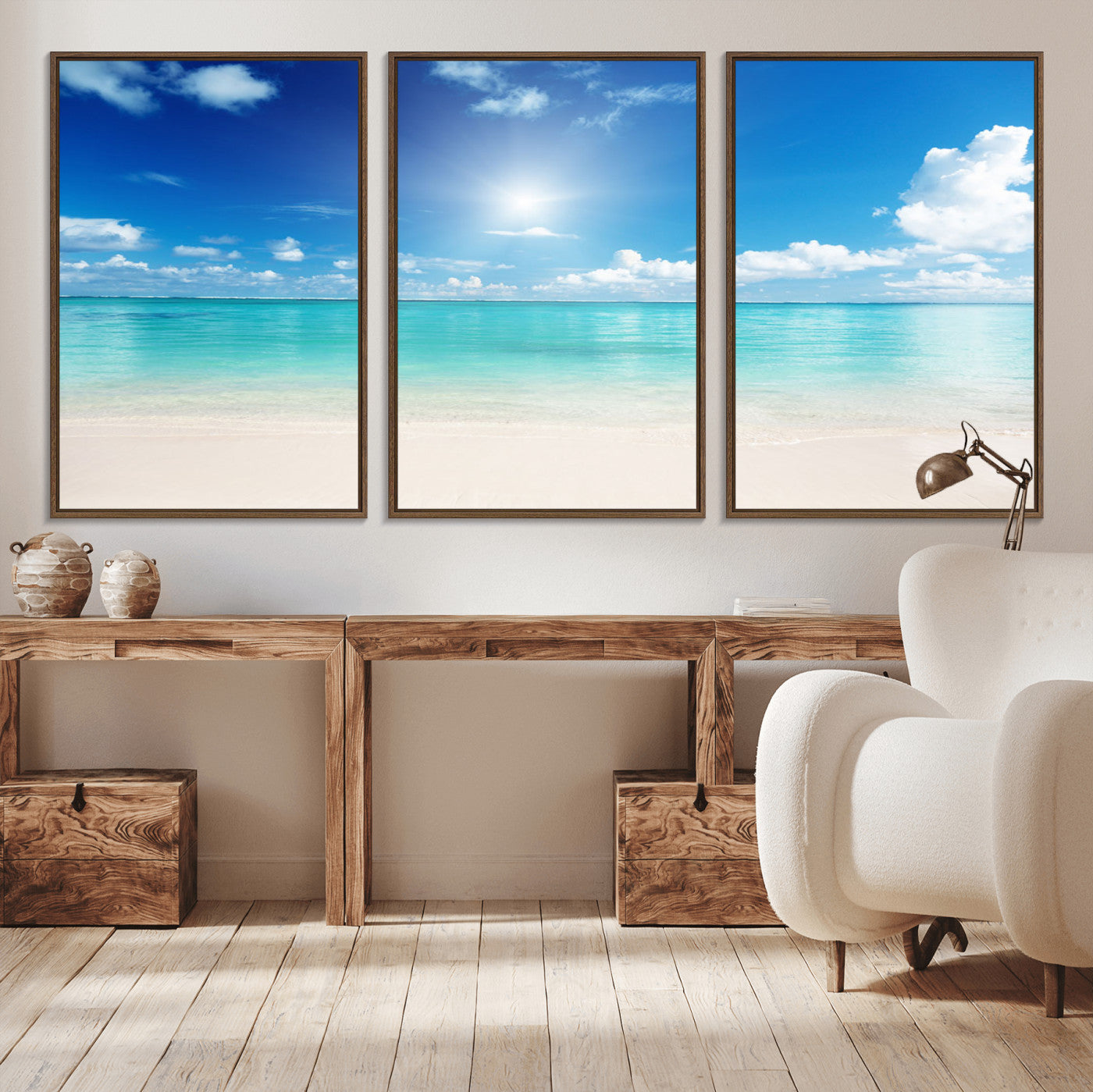 MGV-FC-60X30-3P - Blue Ocean Wall Art Canvas Print - Tranquil Ocean Paradise Triptych Wall Art - Ready to Hang Beach