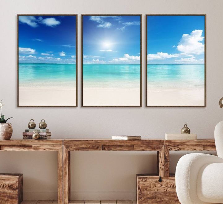 The Blue Ocean Wall Art Canvas Print hangs, creating a tranquil paradise.