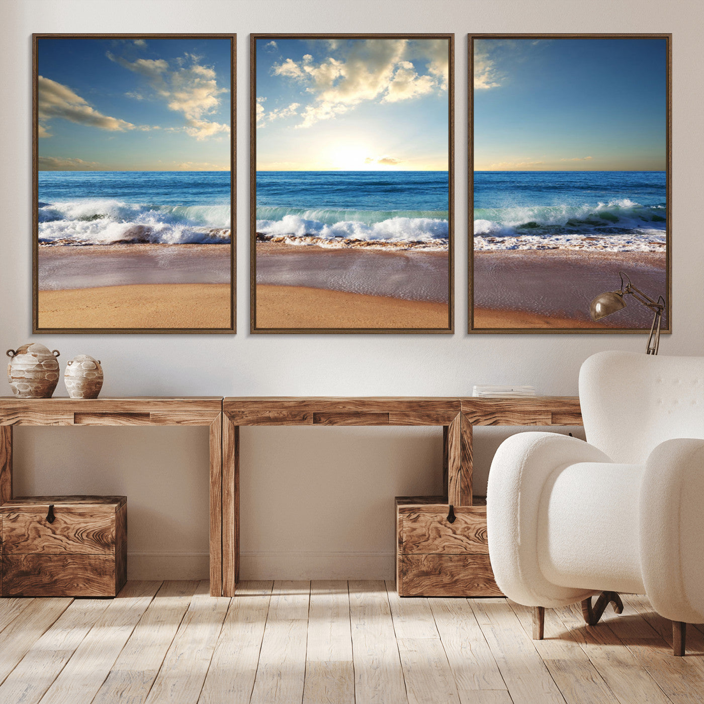 MGV-FC-60X30-3P - Serene Ocean Sunset Canvas Wall Art - Beach Waves at Sunset, Ready to Hang