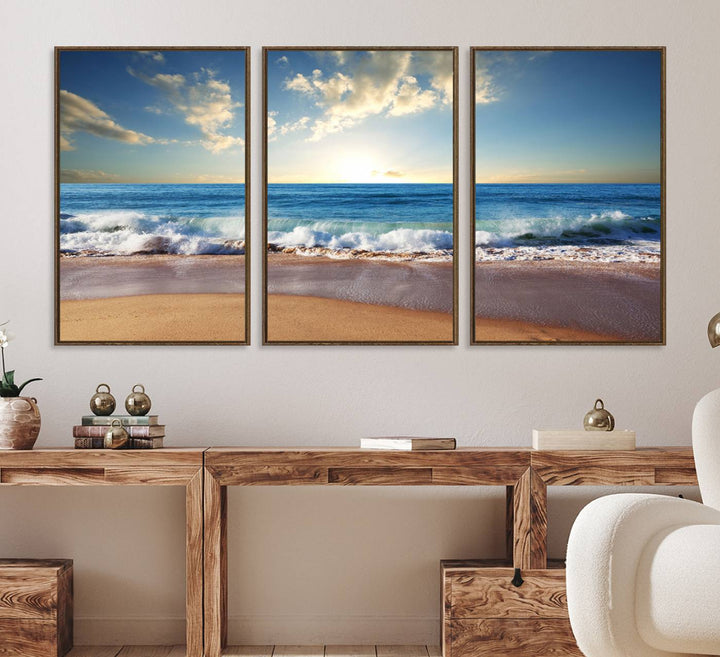 Serene Ocean Sunset Canvas Wall Art with beach waves at sunset.