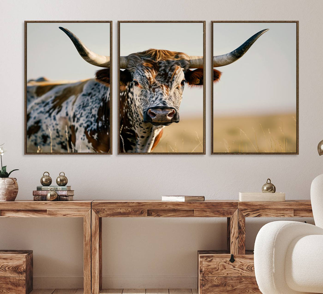 The Texas Bull Longhorn Wall Art Canvas Print is perfect for farmhouse decor.