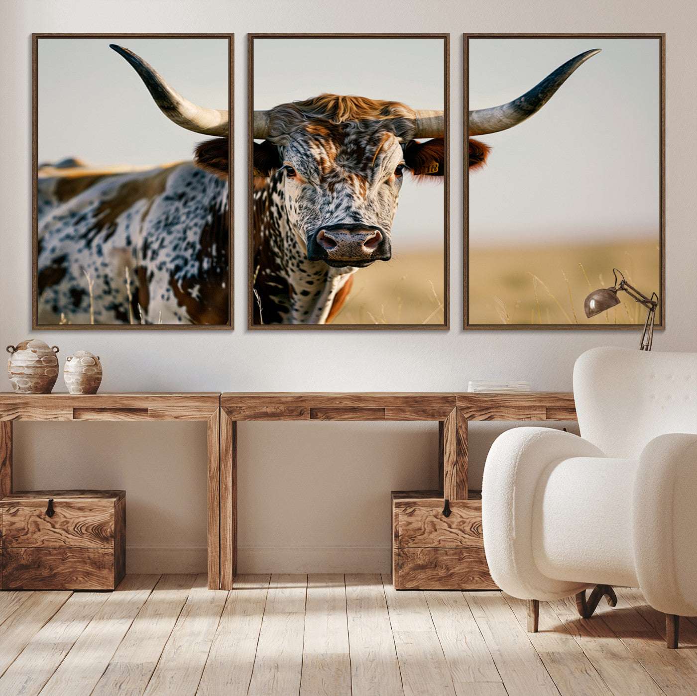 MGV-FC-60X30-3P - Texas Bull Longhorn Wall Art Canvas Print for Farm House Wall Decor, Farmhouse Wall Art Print