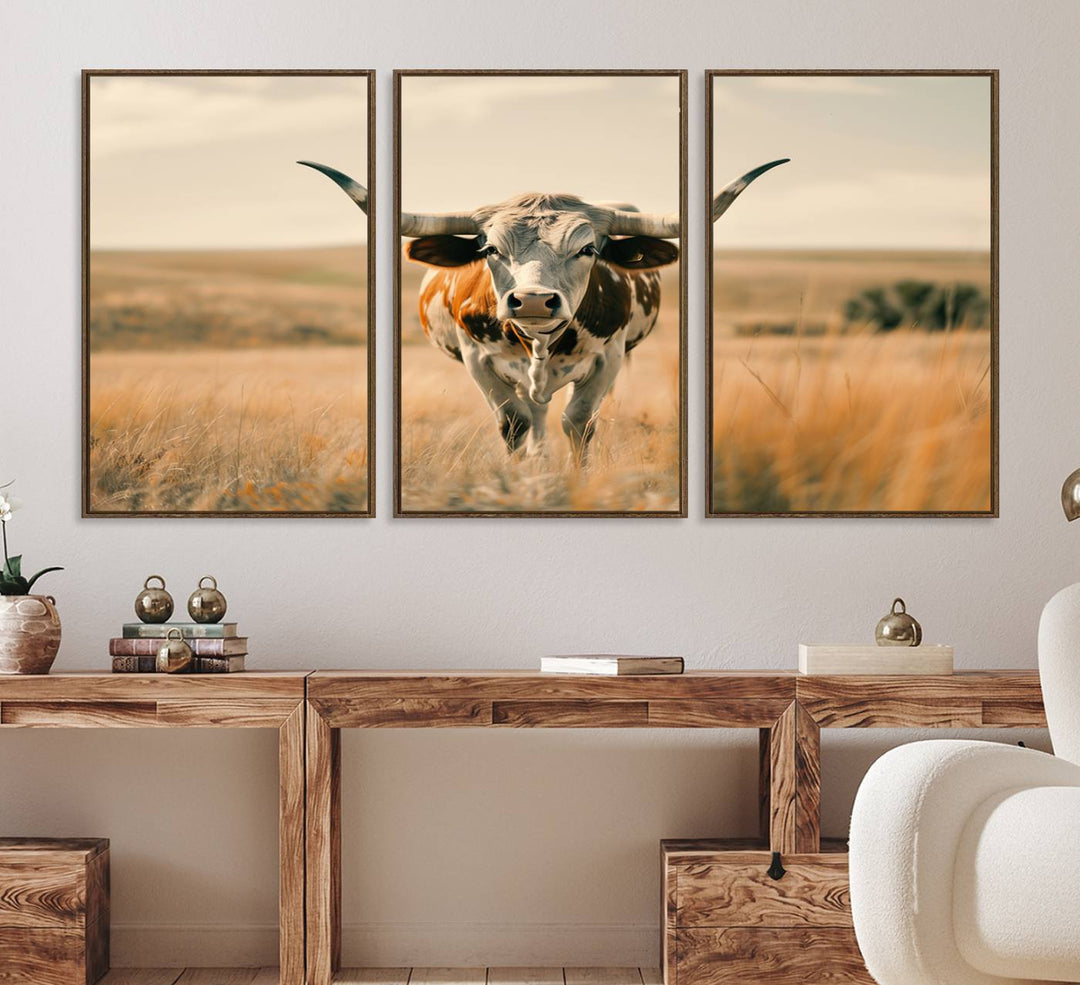 The Texas Cow Longhorn Wall Art Canvas adds rustic charm to the decor.