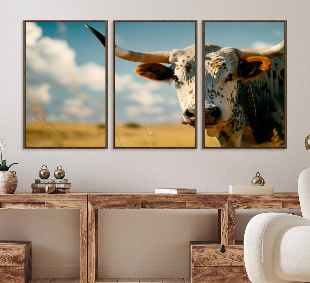 The Longhorn in the Prairie triptych cowboy wall art is ideal for western decor.