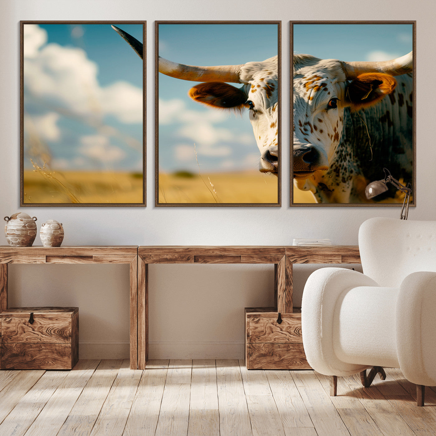 MGV-FC-60X30-3P - Longhorn in the Prairie - Stunning Ranch-Style Triptych Wall Art for Western Home Decor, Cowboy Wall