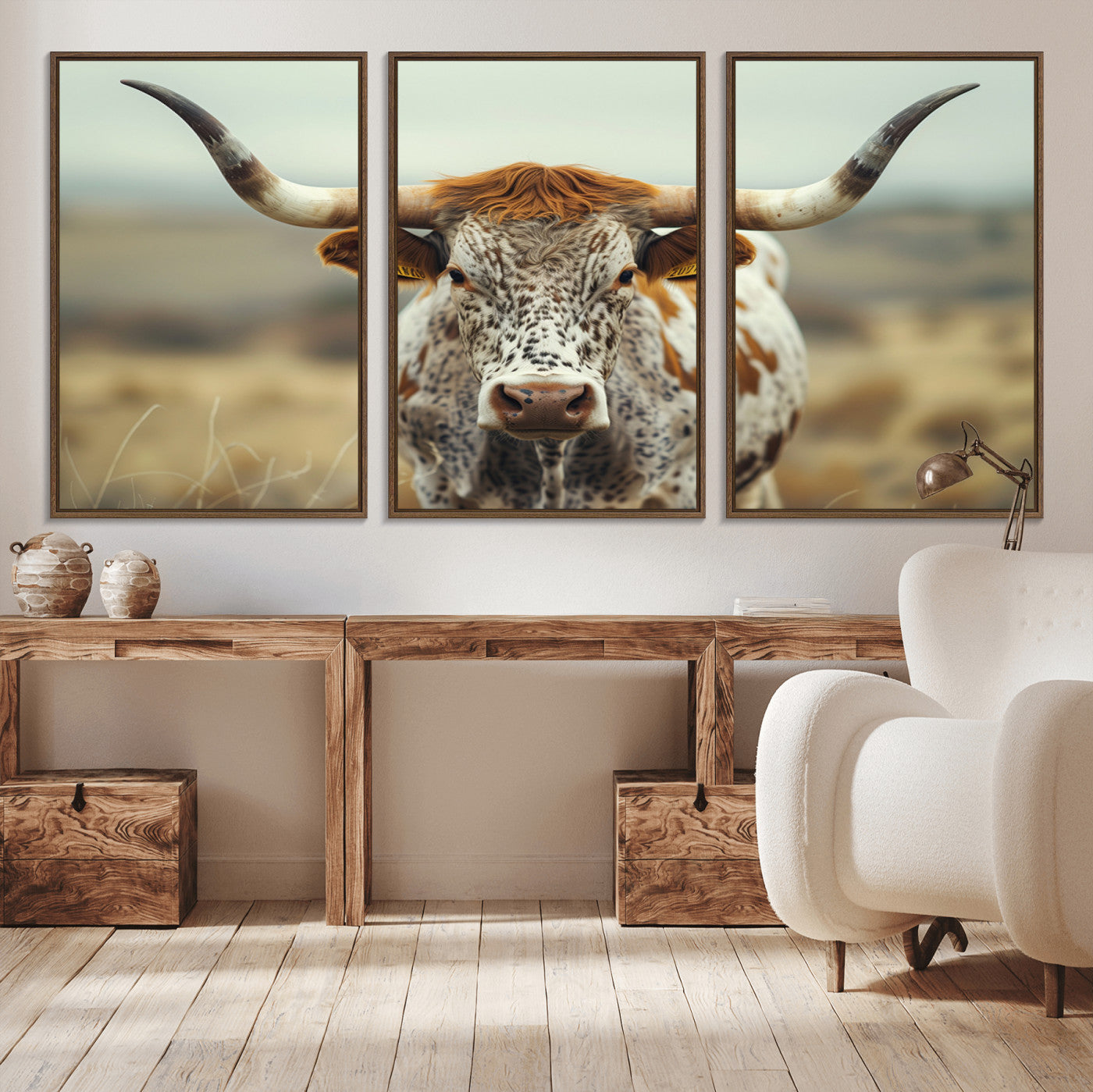 MGV-FC-60X30-3P - Texas Cow Longhorn Wall Art Canvas Print for Farm House Wall Decor, Farmhouse Wall Art Print