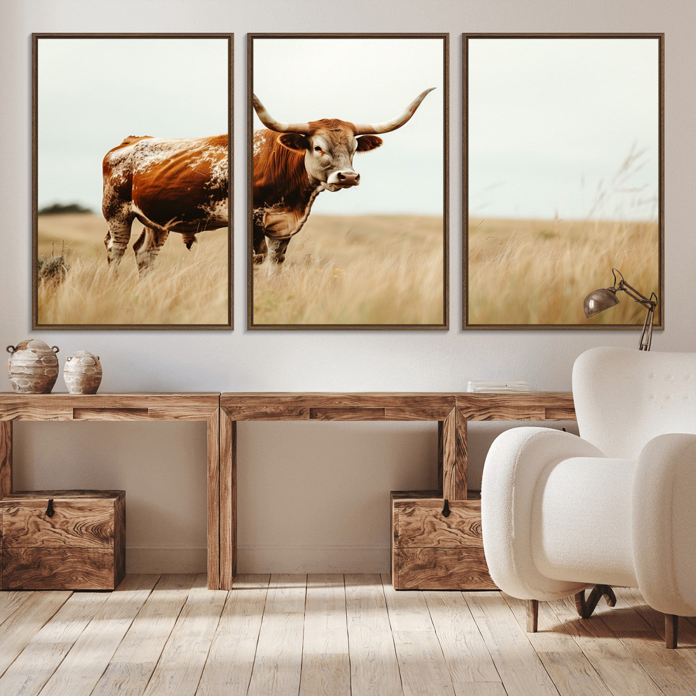 MGV-FC-60X30-3P - Texas Longhorn Canvas Wall Art Print – Majestic Western Cattle in Rustic Farmhouse Decor – Cow Wall