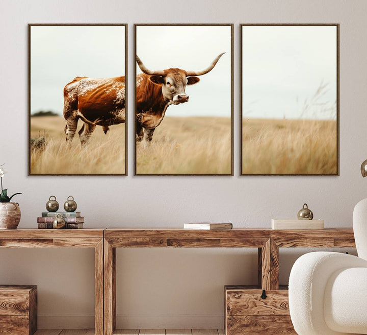 The Texas Longhorn canvas wall art print enhances a rustic farmhouse decor setting.