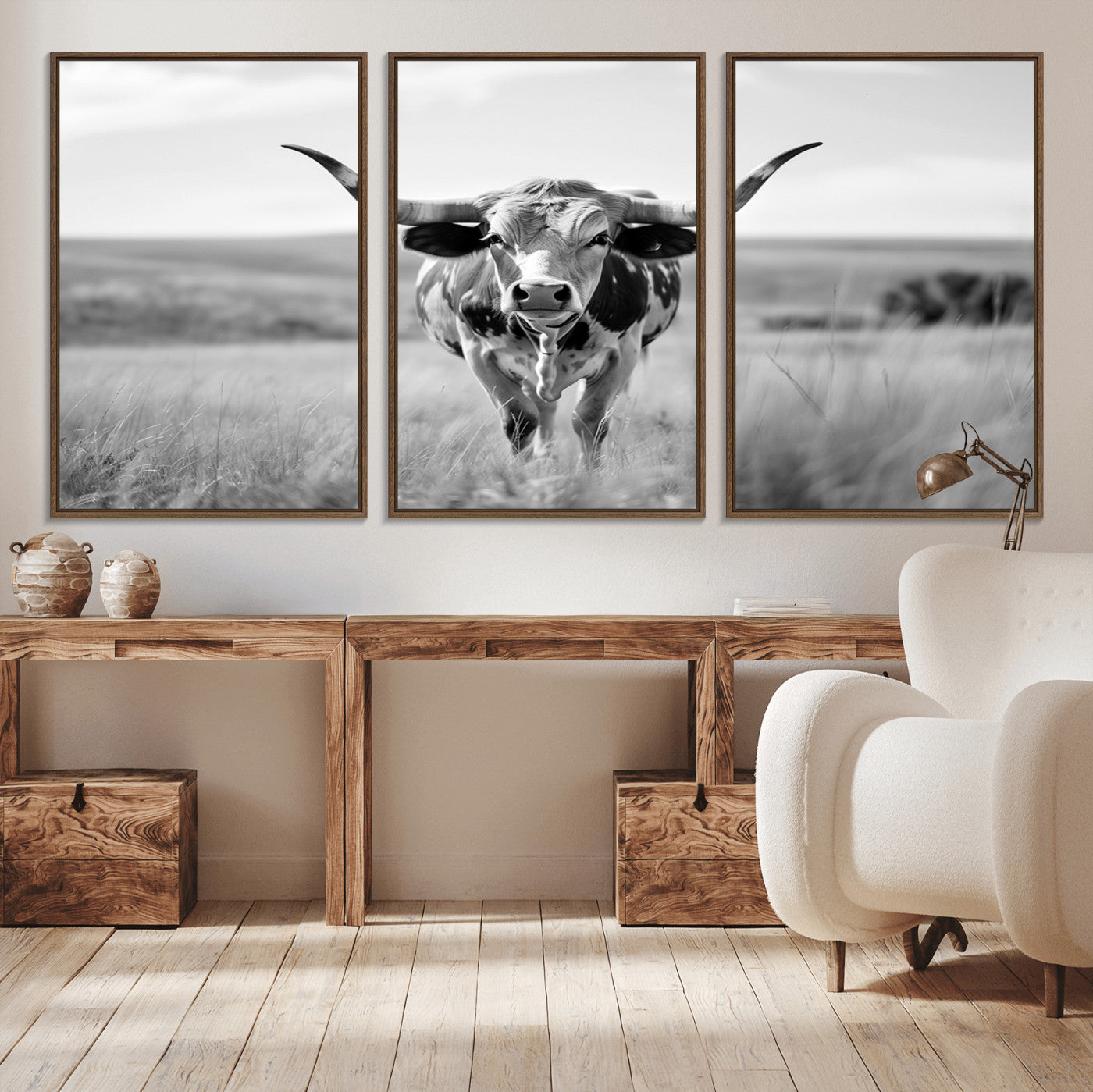 MGV-FC-60X30-3P - Texas Cow Longhorn Wall Art Canvas Print for Farm House Wall Decor, Farmhouse Wall Art Print