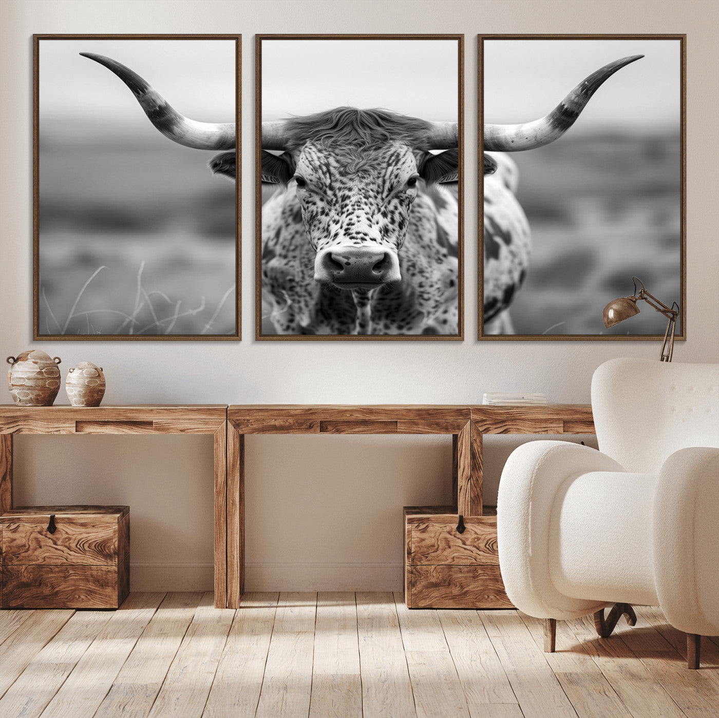 MGV-FC-60X30-3P - Texas Cow Longhorn Wall Art Canvas Print for Farm House Wall Decor, Farmhouse Wall Art Print