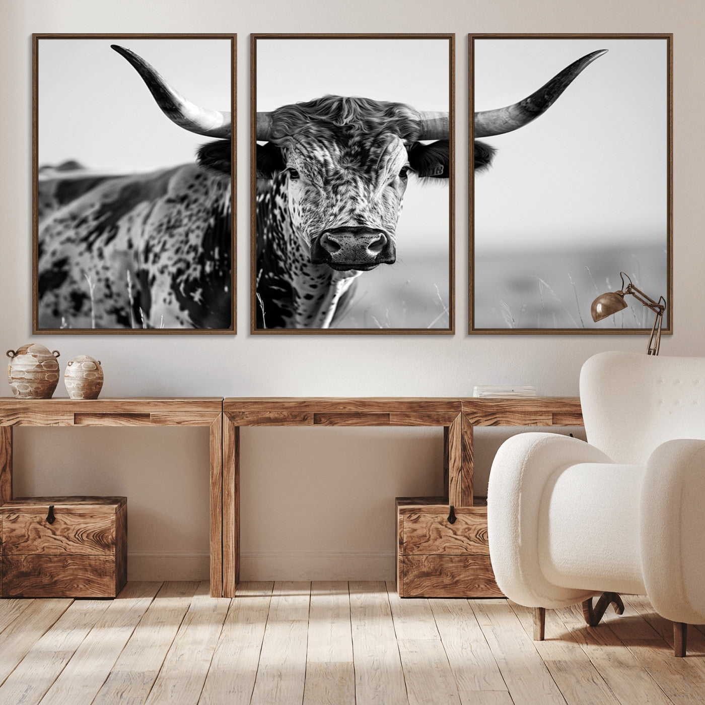 MGV-FC-60X30-3P - Texas Highland Cow Longhorn Canvas Print - Rustic Farmhouse Wall Art - Large Texas Longhorn