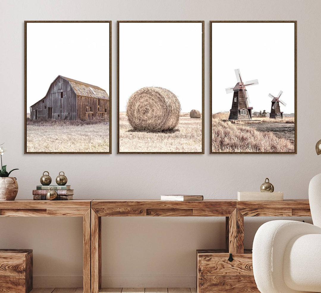 A set of 3 rustic Farm Prints, featuring barns and wheat, decorates a farmhouse wall.