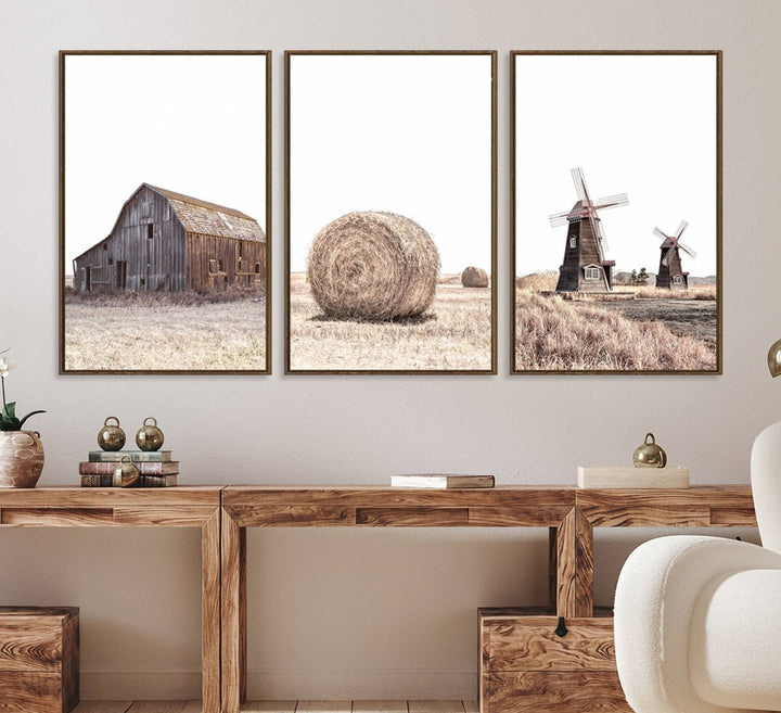 A set of 3 rustic Farm Prints, featuring barns and wheat, decorates a farmhouse wall.