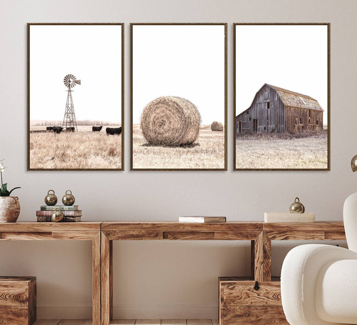 Above the couch, a Rustic Farmhouse Wall Art set depicts a barn and wheat field.