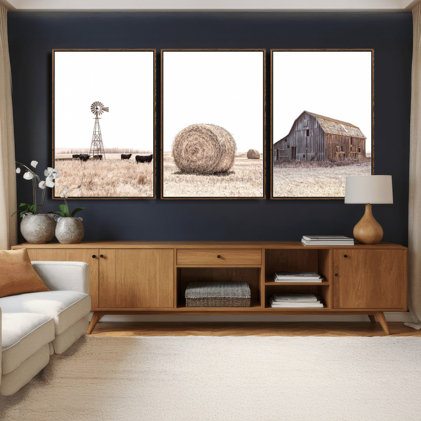 30918-MGV-CV-60X30-3P - Rustic Farmhouse Wall Art Set of 3 – Country Barn and Wheat Field | Farm Prints for Country Home and