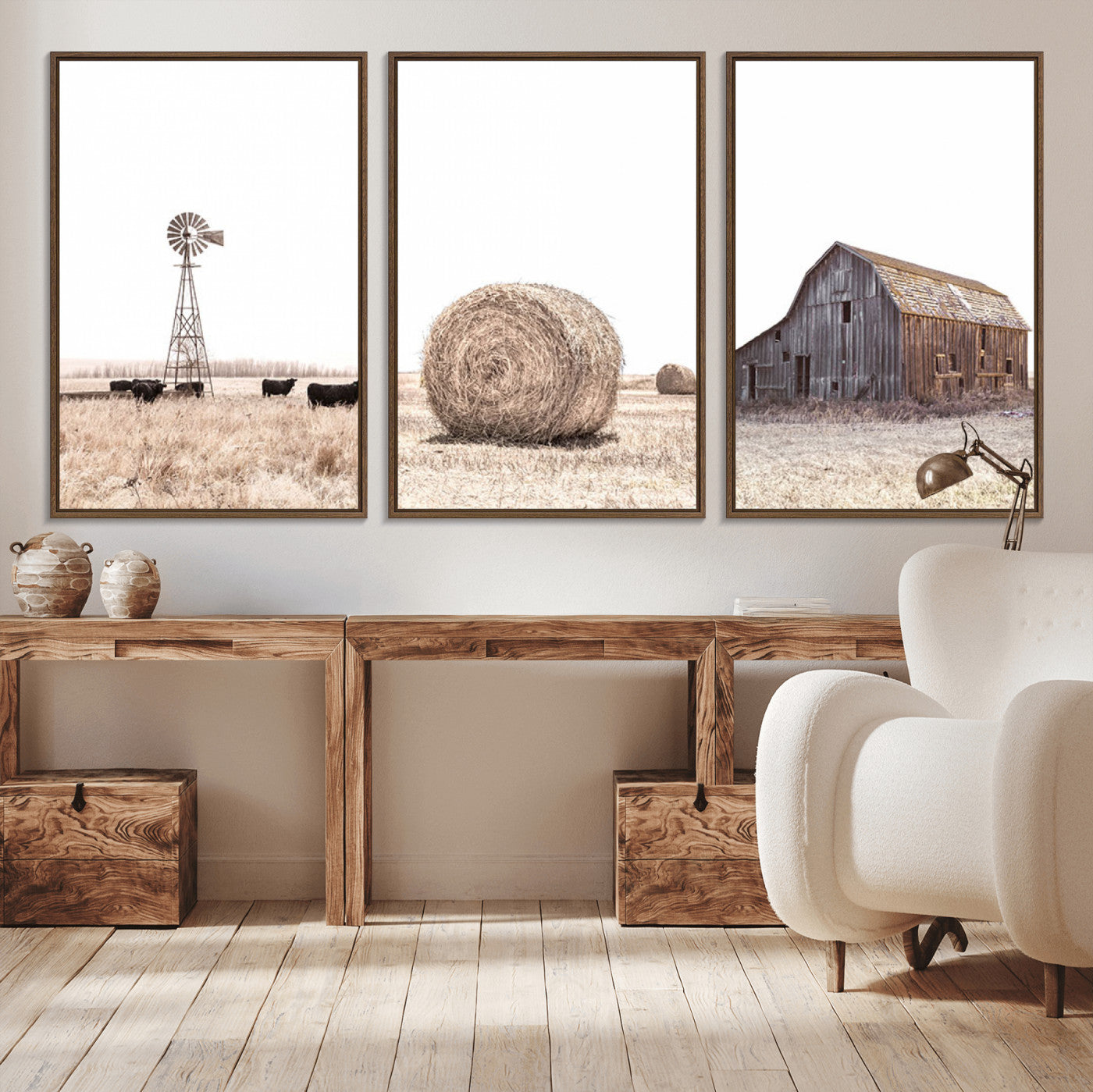 MGV-FC-60X30-3P - Rustic Farmhouse Wall Art Set of 3 – Country Barn and Wheat Field | Farm Prints for Country Home and