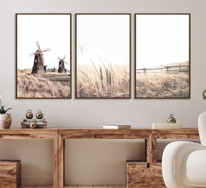 Farmhouse wall art set: 3 giclee canvas prints featuring windmills and wheat fields.