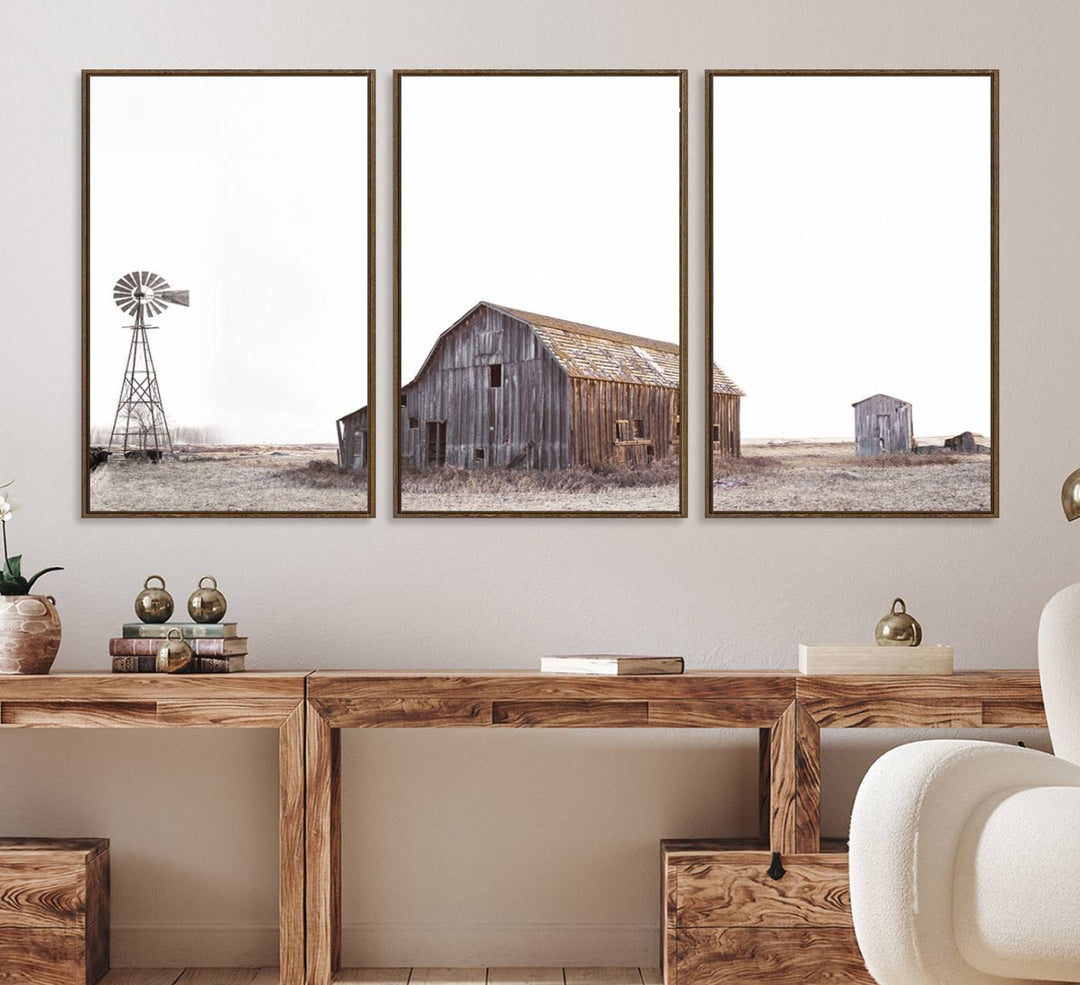 The Set of 3 Rustic Farmhouse Wall Art Prints features a barn, wheat field, and landscape.