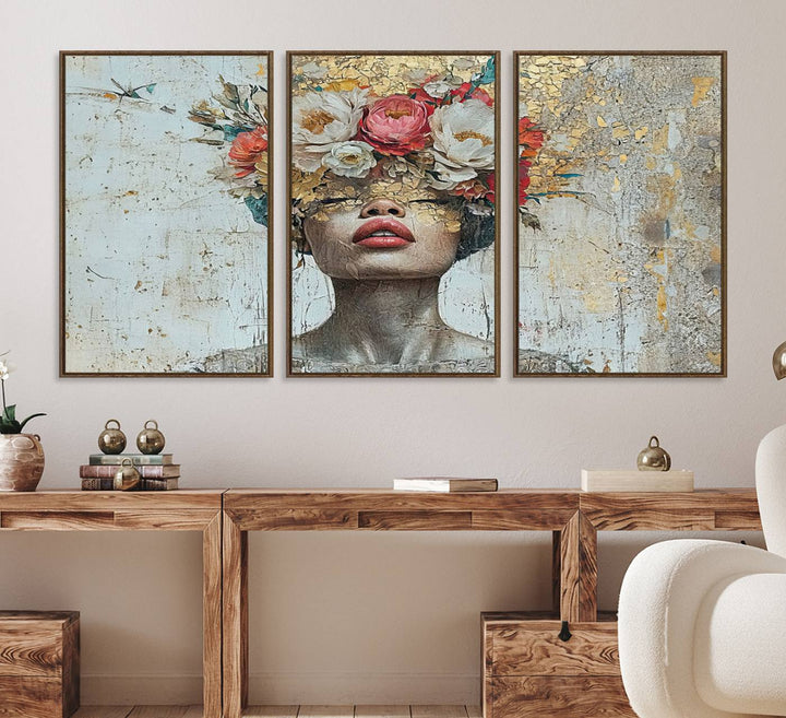 Golden Petal Canvas Print of a silhouette woman with a floral head creates a captivating focal point in the space.