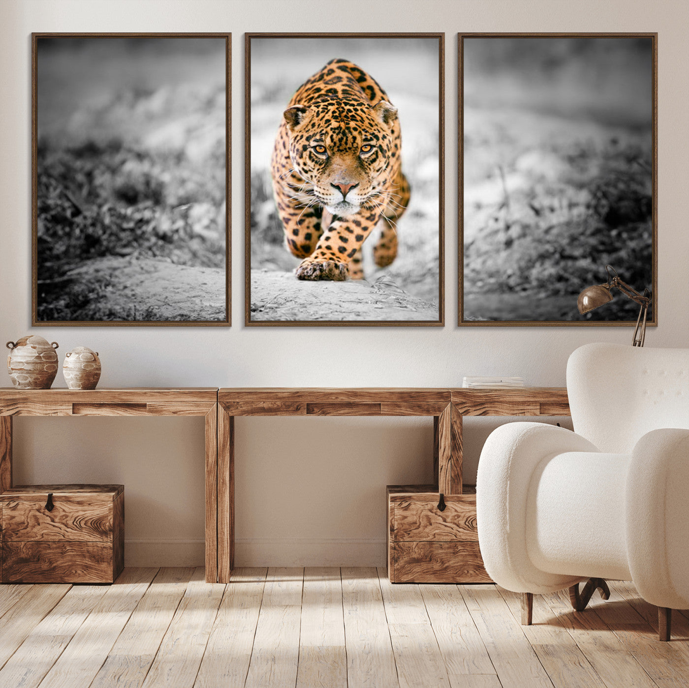 MGV-FC-60X30-3P - Jaguar Wall Art Canvas Print - Majestic Big Cat in Focused Pursuit - Ready to Hang